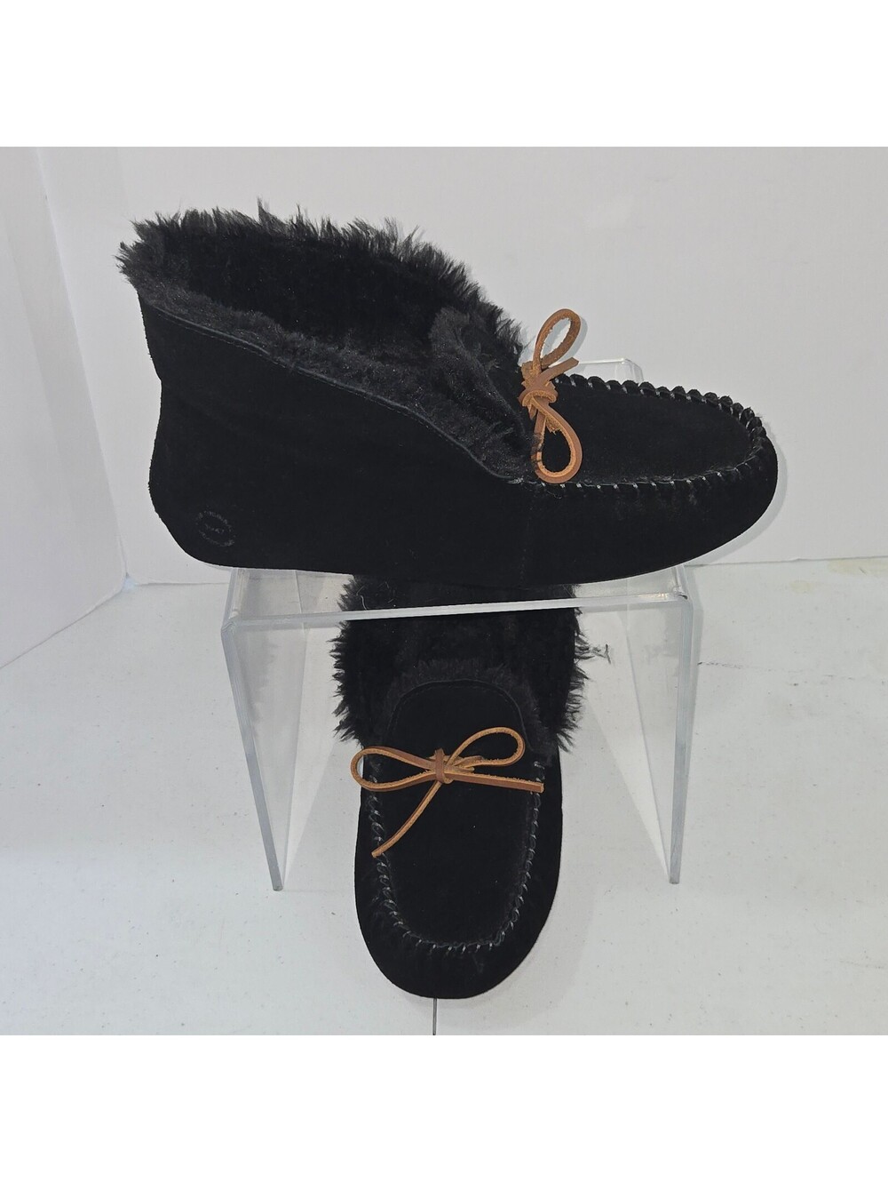 Dearfoams Suede Faux Fur Ankle Bootie Slippers Black leather upper Size 11 US